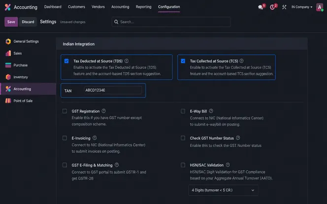Odoo 19 Indian Integration settings showing TDS, TCS, and TAN configuration
