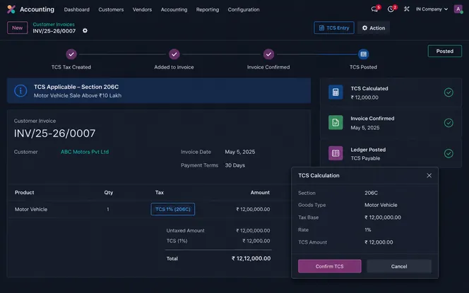 Odoo 19 customer invoice with TCS tax applied