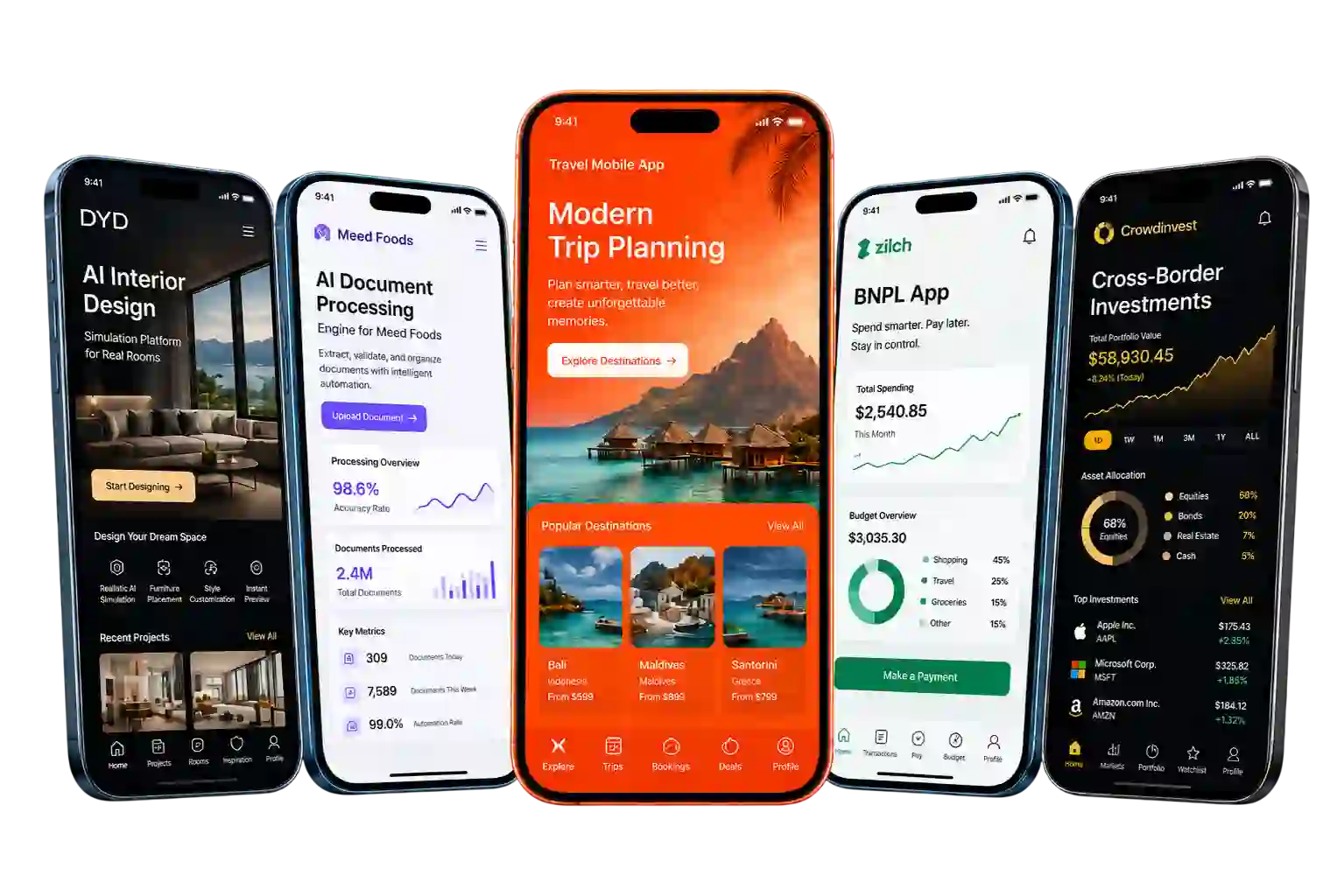 Mobile application mockups representing SDLC Corp software development case studies