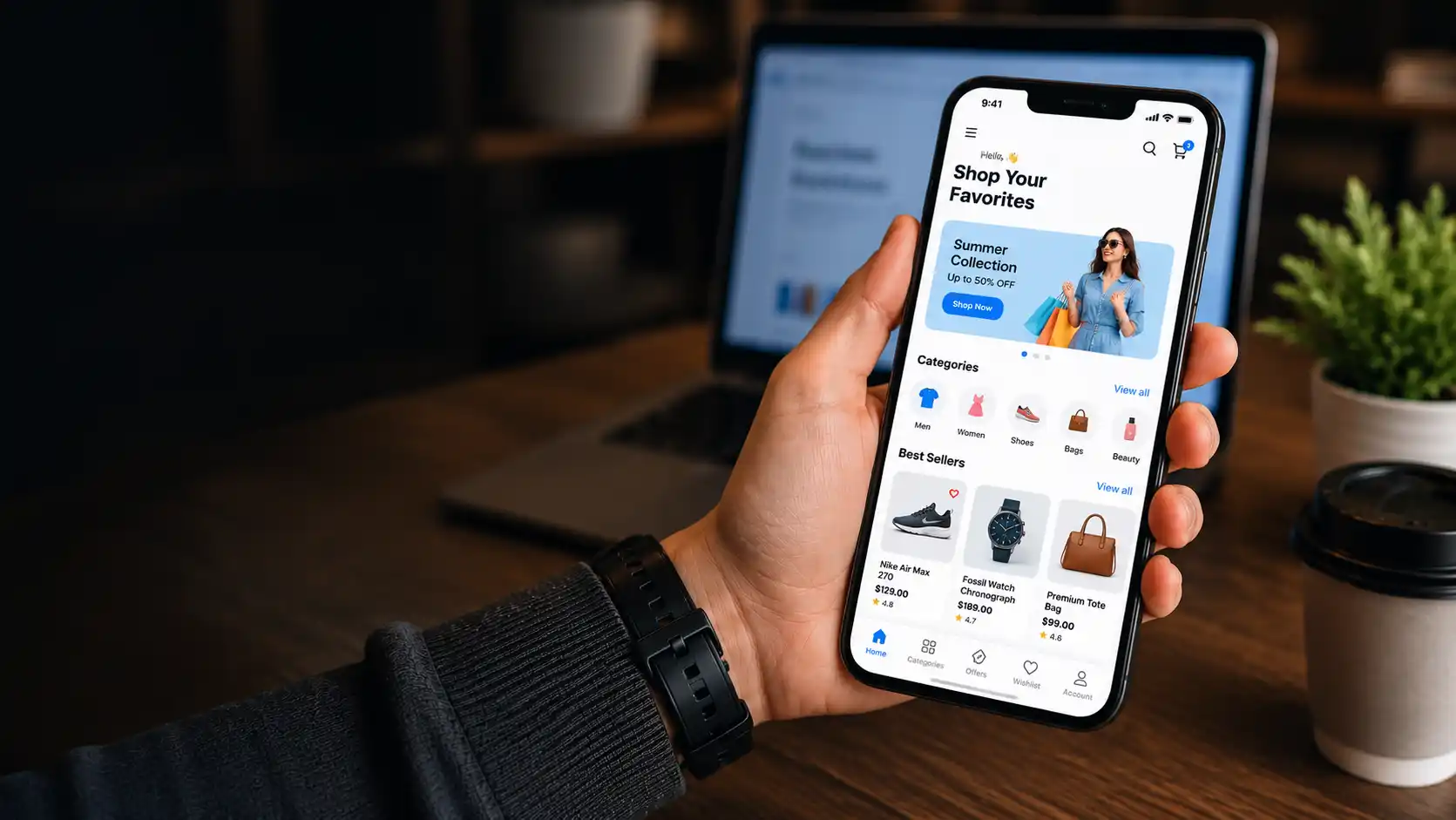 Mobile ecommerce store interface with product categories, checkout experience and online shopping dashboard