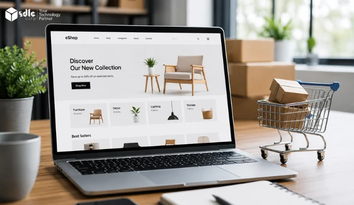 Laptop displaying an online shopping interface with product categories and a shopping cart on a modern workspace