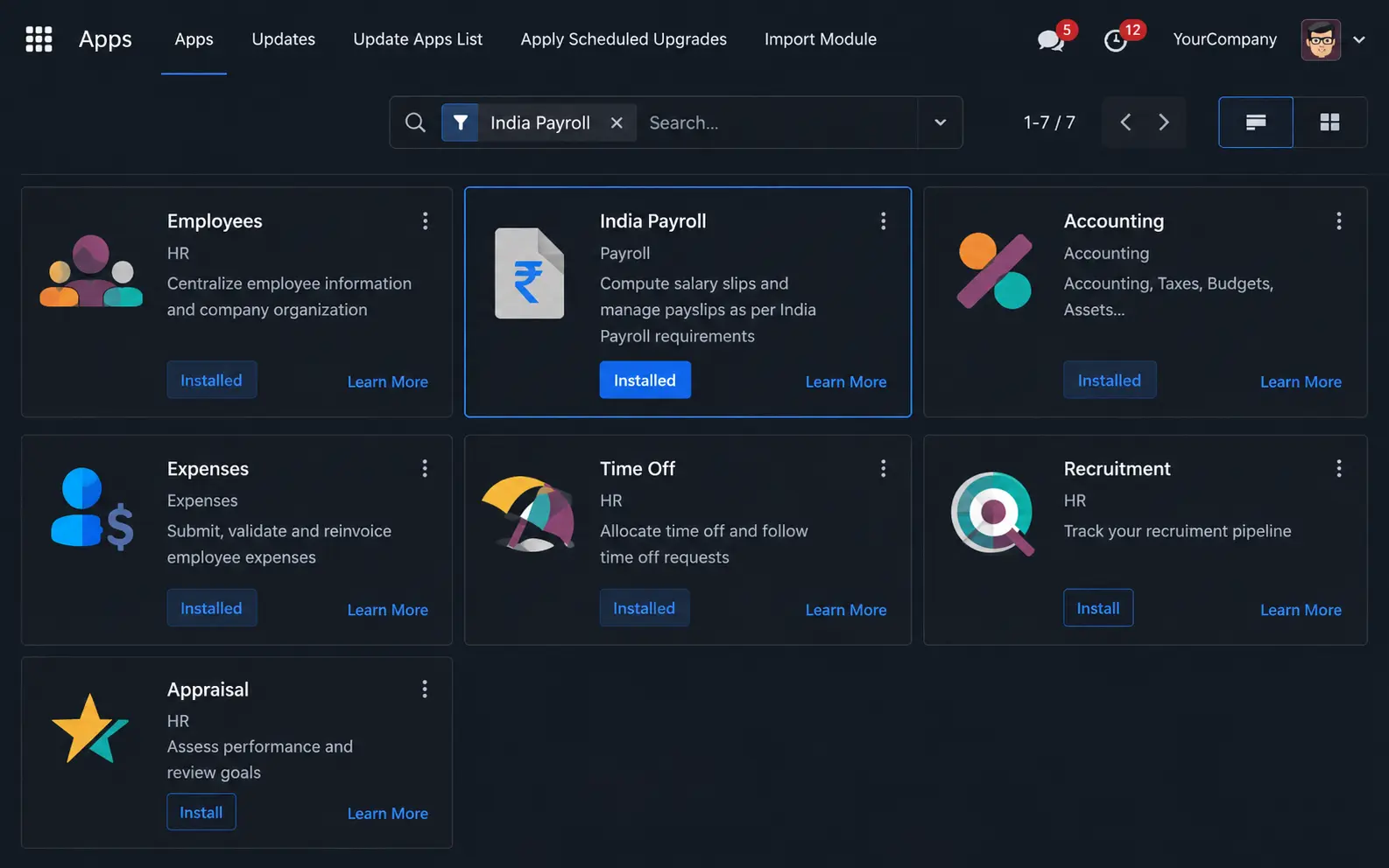 Odoo India Payroll module installation screen