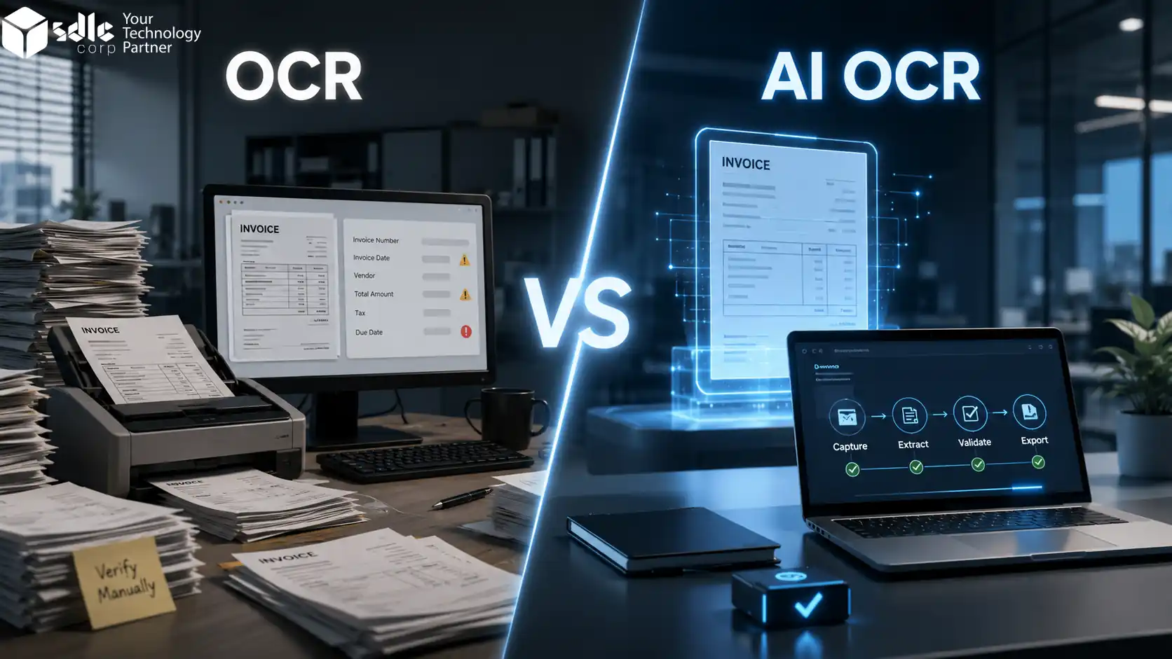 OCR vs AI OCR invoice processing comparison for automated invoice data extraction and approval workflow.