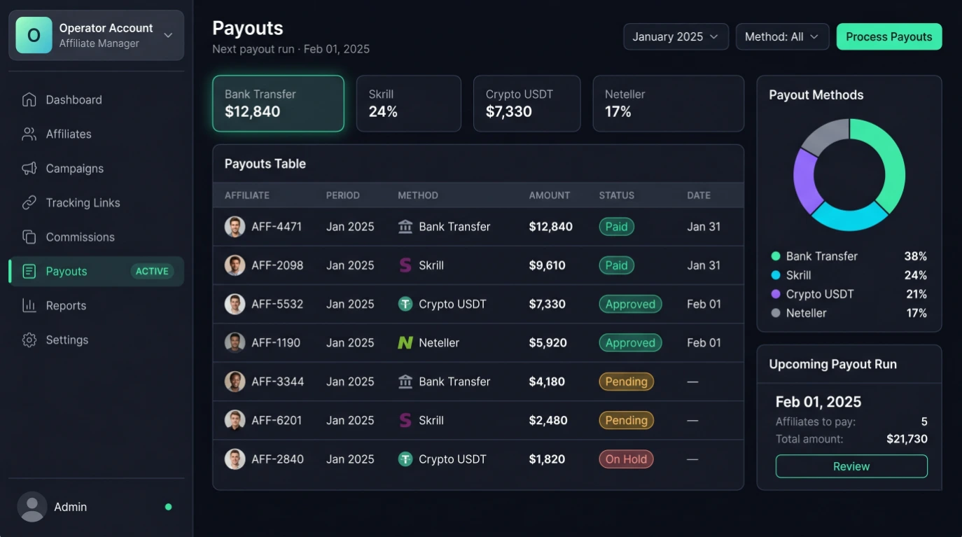 Payouts screen of an iGaming affiliate platform showing affiliate payments by method, amount and status, payout summary totals, and a breakdown of payment methods.