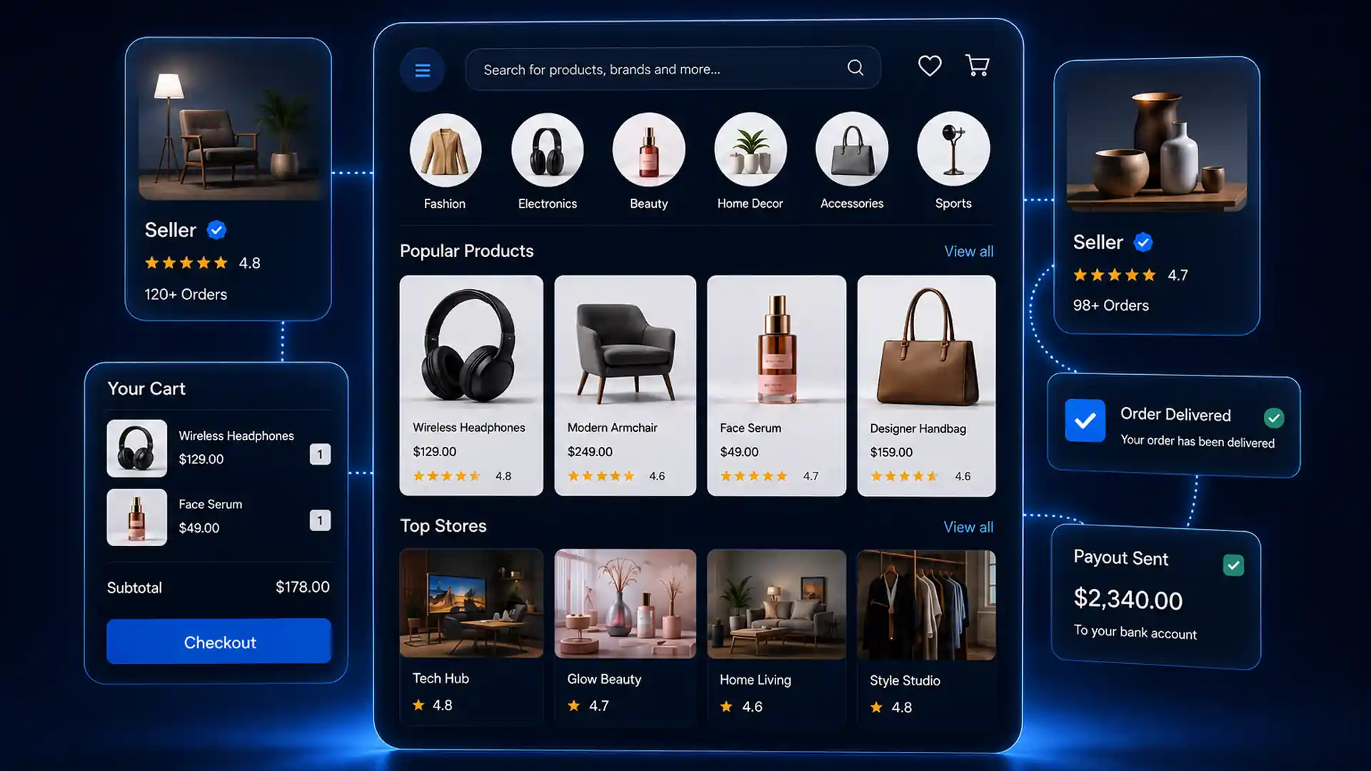 Custom ecommerce marketplace platform interface with vendor, catalog, payment, and order management dashboard
