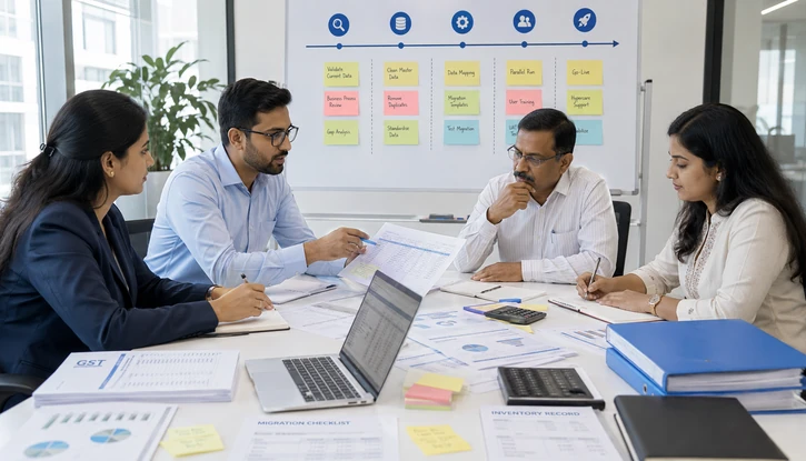 Indian finance and ERP teams planning a Tally to Odoo migration project in a modern office