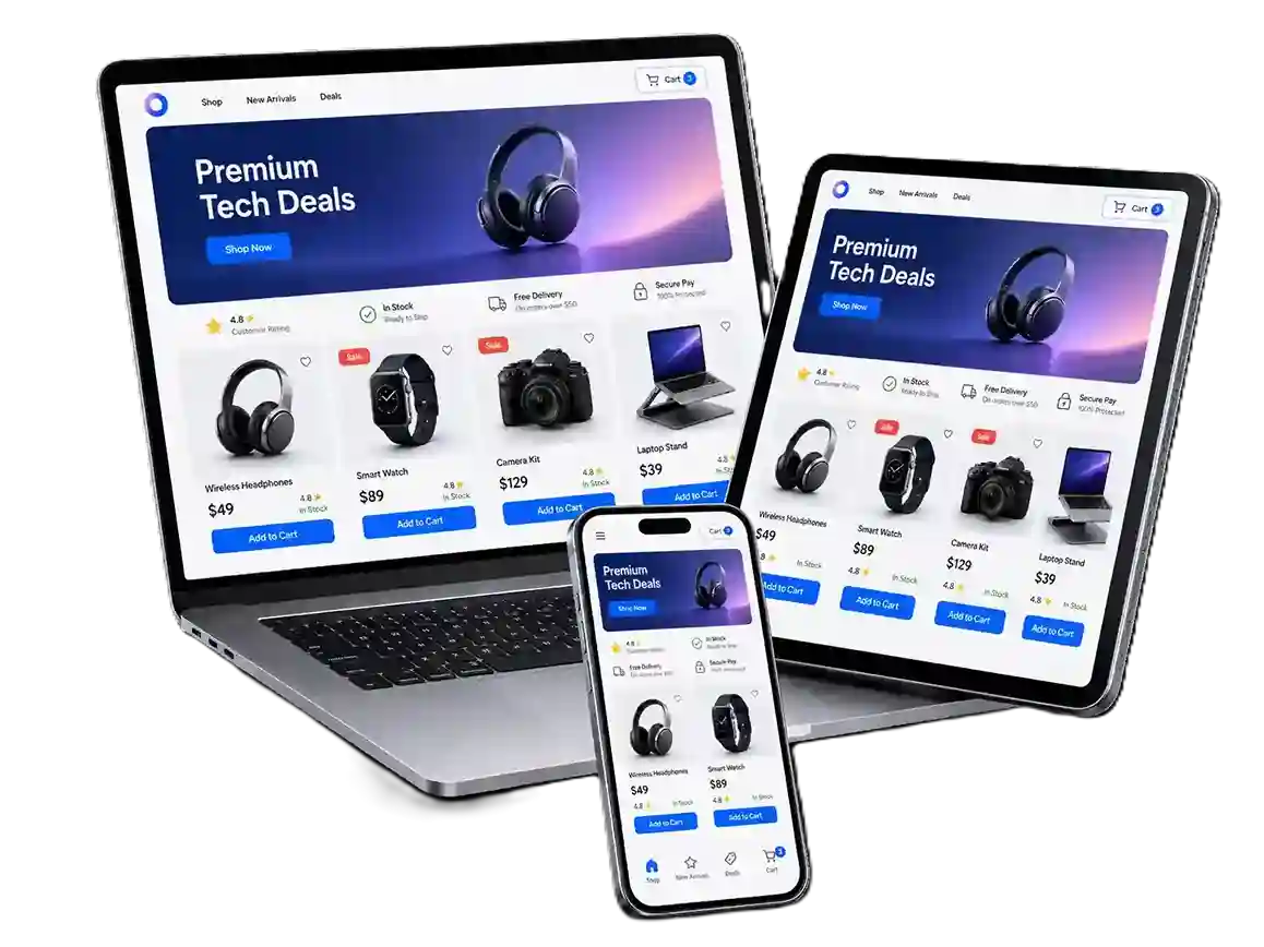 Ecommerce website design preview: storefront, product and checkout pages