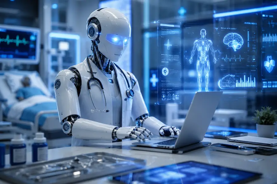 AI robot working in a modern healthcare and life sciences environment