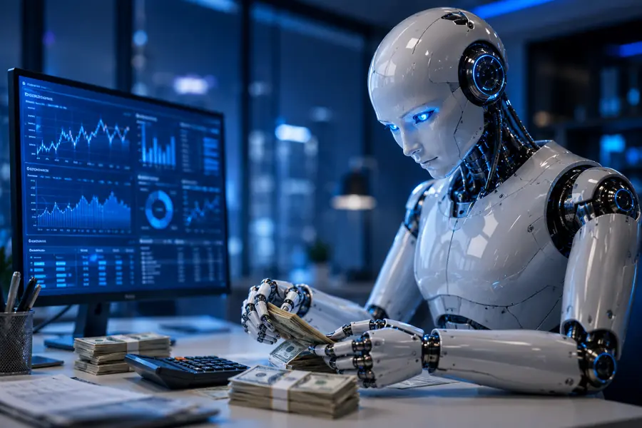 AI robot analyzing financial data and counting money for fintech automation