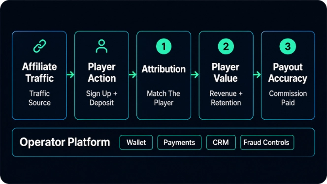 iGaming affiliate program workflow showing affiliate traffic, player action, attribution, player value, and payout accuracy connected to wallet, payments, CRM and fraud controls