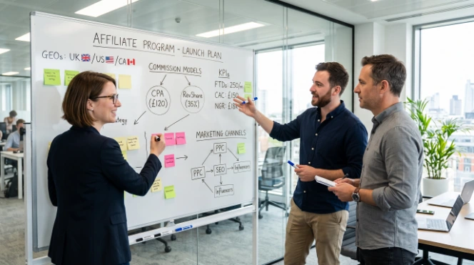 Affiliate program launch planning board with target GEOs, CPA and RevShare models, FTD targets, CAC limits and NGR goals before launch