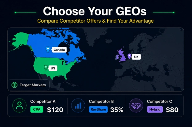 Target GEO and competitor offer comparison for online casino operators, showing US, Canada and UK market readiness with CPA, RevShare and Hybrid deals
