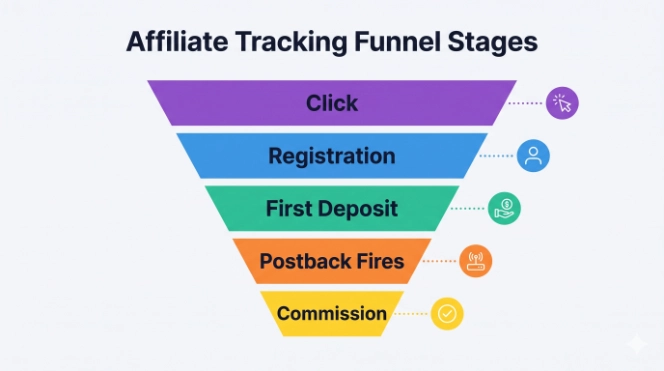Casino affiliate tracking software funnel showing click, registration, first deposit, postback firing and commission payout inside an affiliate tracking system
