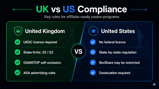 UK and US online casino affiliate compliance comparison showing UKGC licence, stake limits, GAMSTOP, ASA rules, state-by-state regulation and geolocation requirements