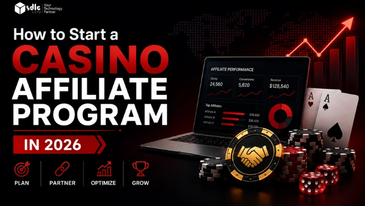 How to start a casino affiliate program in 2026 with affiliate tracking dashboard, casino chips, cards, and growth chart