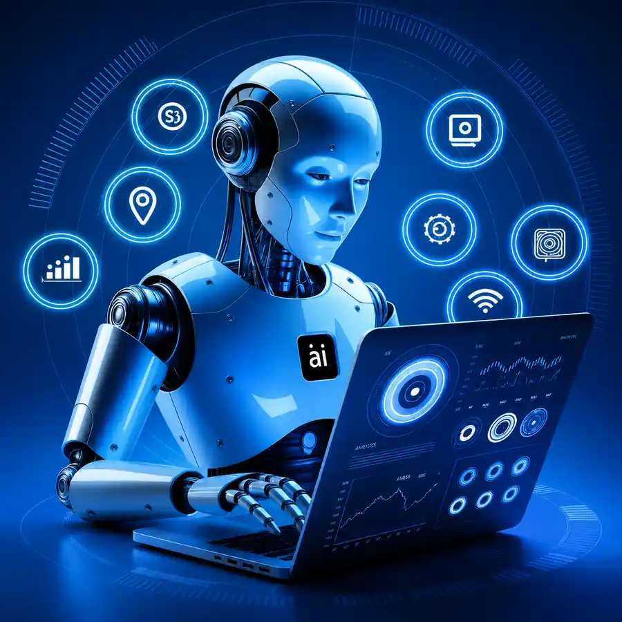 AI robot analyzing machine learning data on a laptop with predictive analytics dashboard