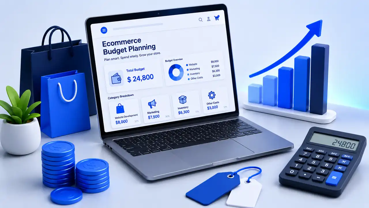 Ecommerce website development cost planning with budget, laptop, coins, and shopping elements