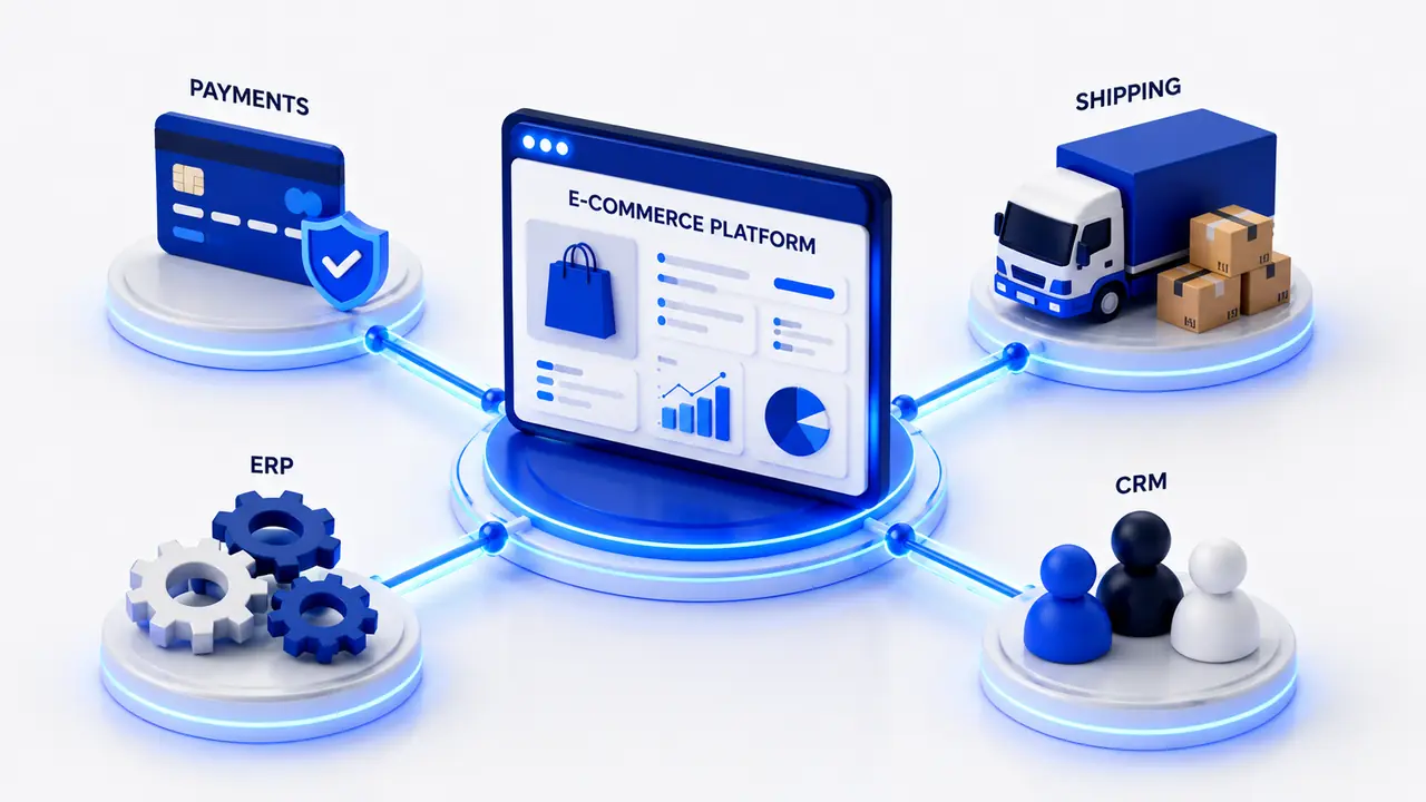 Ecommerce platform ecosystem with online store, payment, shipping, ERP, CRM, and integration elements