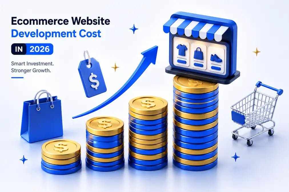 3D isometric illustration of ecommerce website development cost in 2026 with ascending gold coin stacks, a blue online storefront, shopping bag, price tag, growth arrow, and shopping cart on a white background