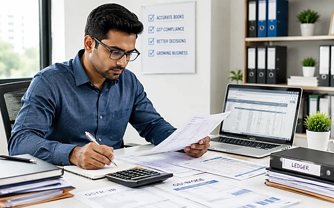 Indian accountant using Tally for GST filing, ledger management, and business accounting reports
