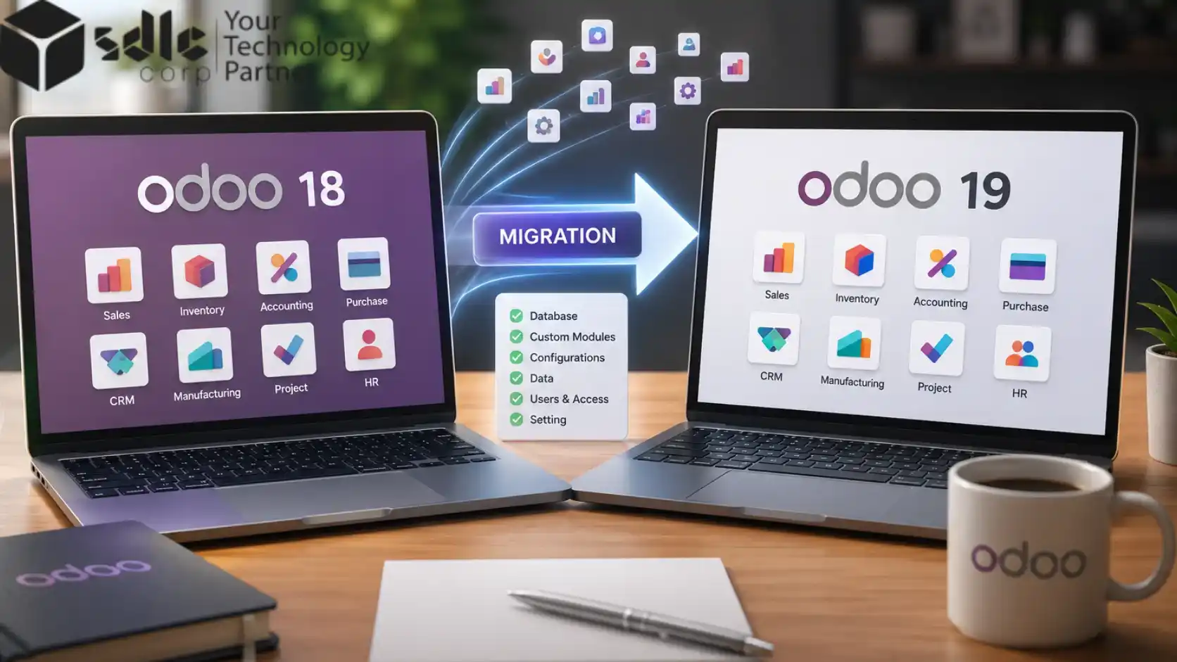 Realistic 3D image showing Odoo 18 to Odoo 19 migration with laptops, upgrade arrow, and business app modules
