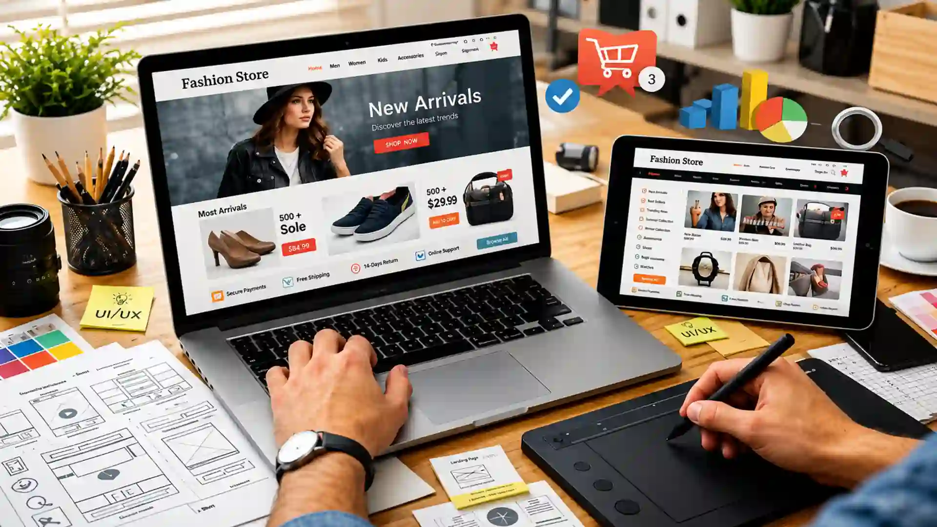 Ecommerce marketplace dashboard showing vendor onboarding, catalog management, payments, search, tax, and admin controls