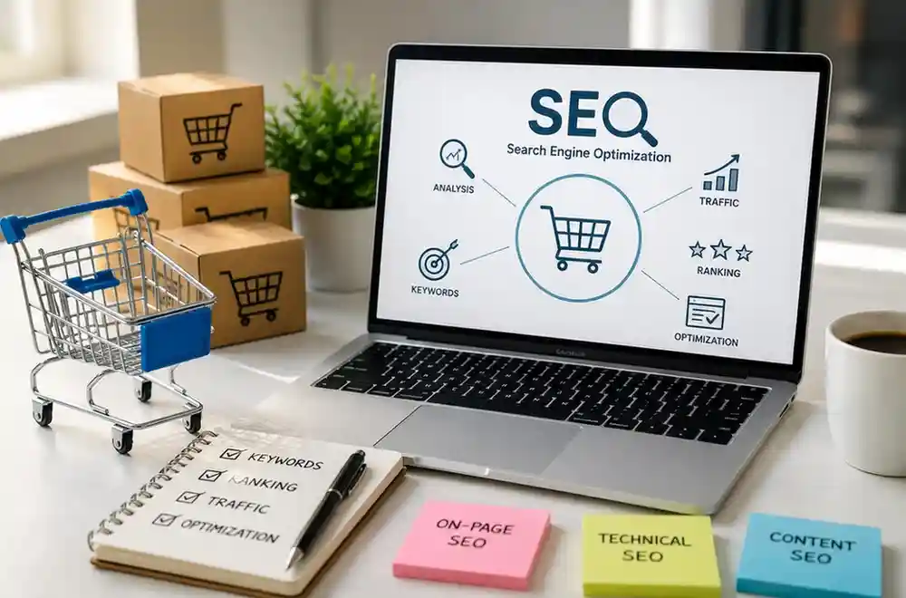 Professional workspace showcasing ecommerce SEO strategy with online store optimization planning
