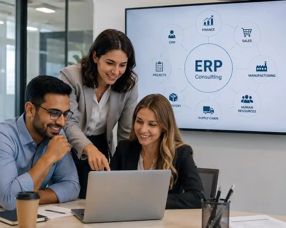 ERP consultant reviewing project details with a client team in a meeting