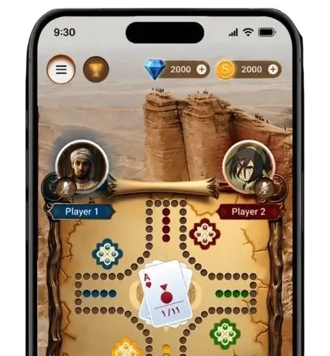 Multiplayer board game displayed on a smartphone mockup featuring card gameplay, player avatars, voice chat, and interactive online gaming