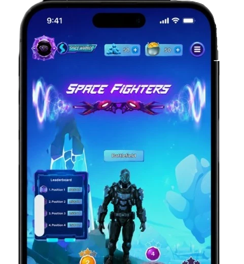 Shooter game displayed on a smartphone with futuristic battlefield, character progression, and campaign mode