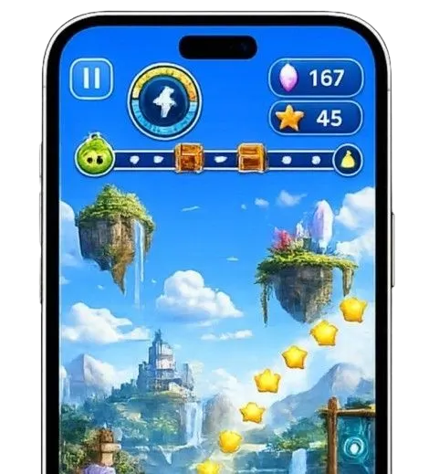 Mobile platform game mockup featuring colorful fantasy world, floating islands, and side-scrolling adventure