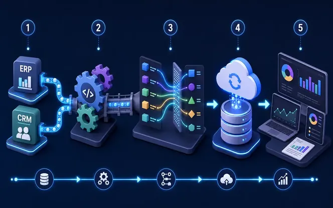 Data integration workflow connecting ERP CRM APIs middleware and cloud database