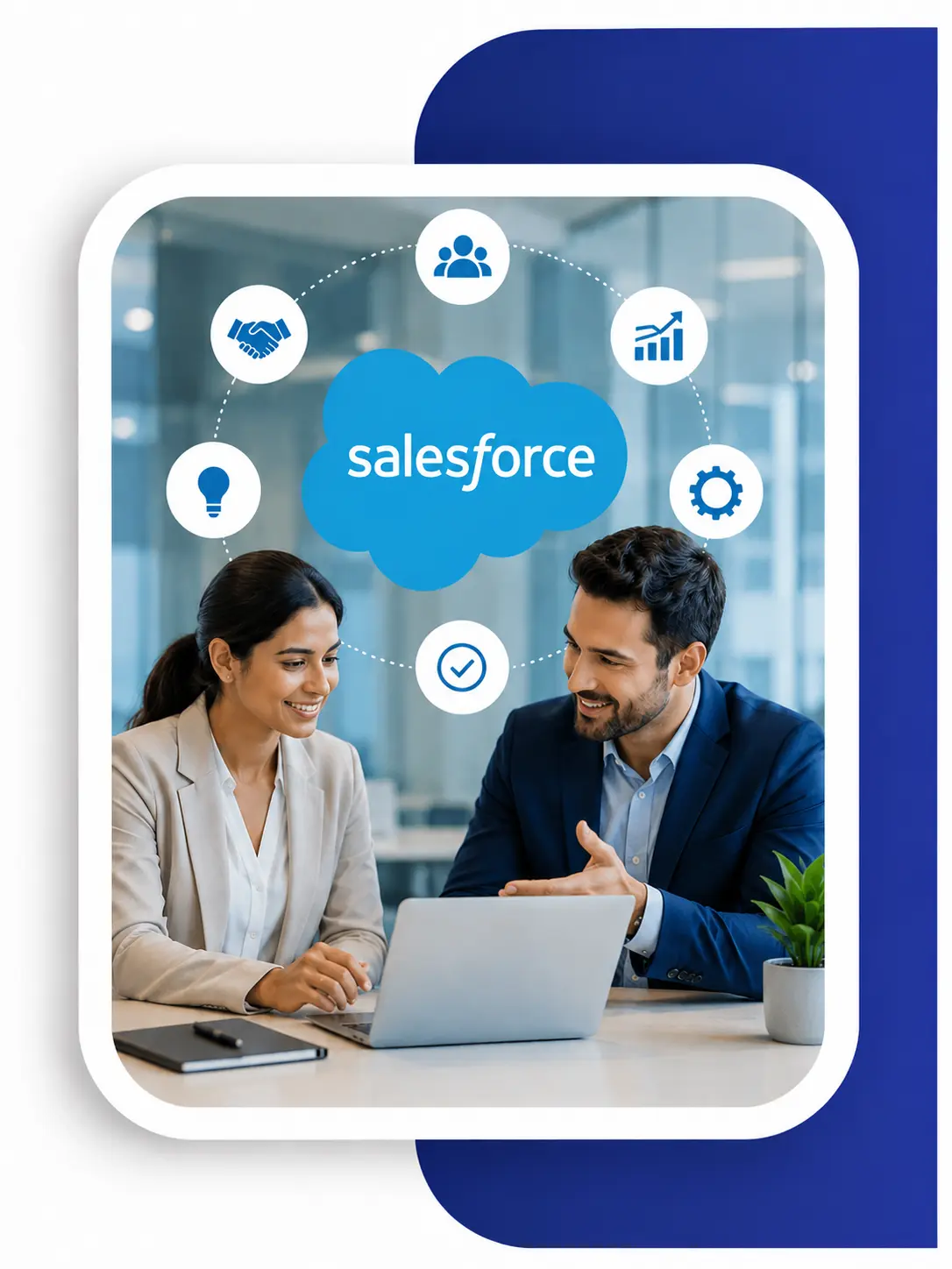 Business professionals analyzing Salesforce CRM dashboards to solve workflow challenges, improve customer data management, automate business processes, and optimize CRM performance.