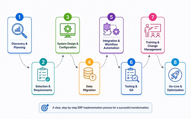 ERP implementation process flow showing eight steps from discovery to go-live optimization