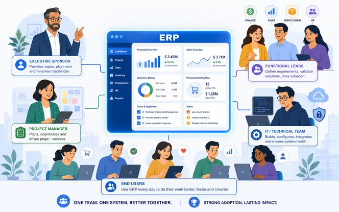 ERP implementation team working around a central dashboard