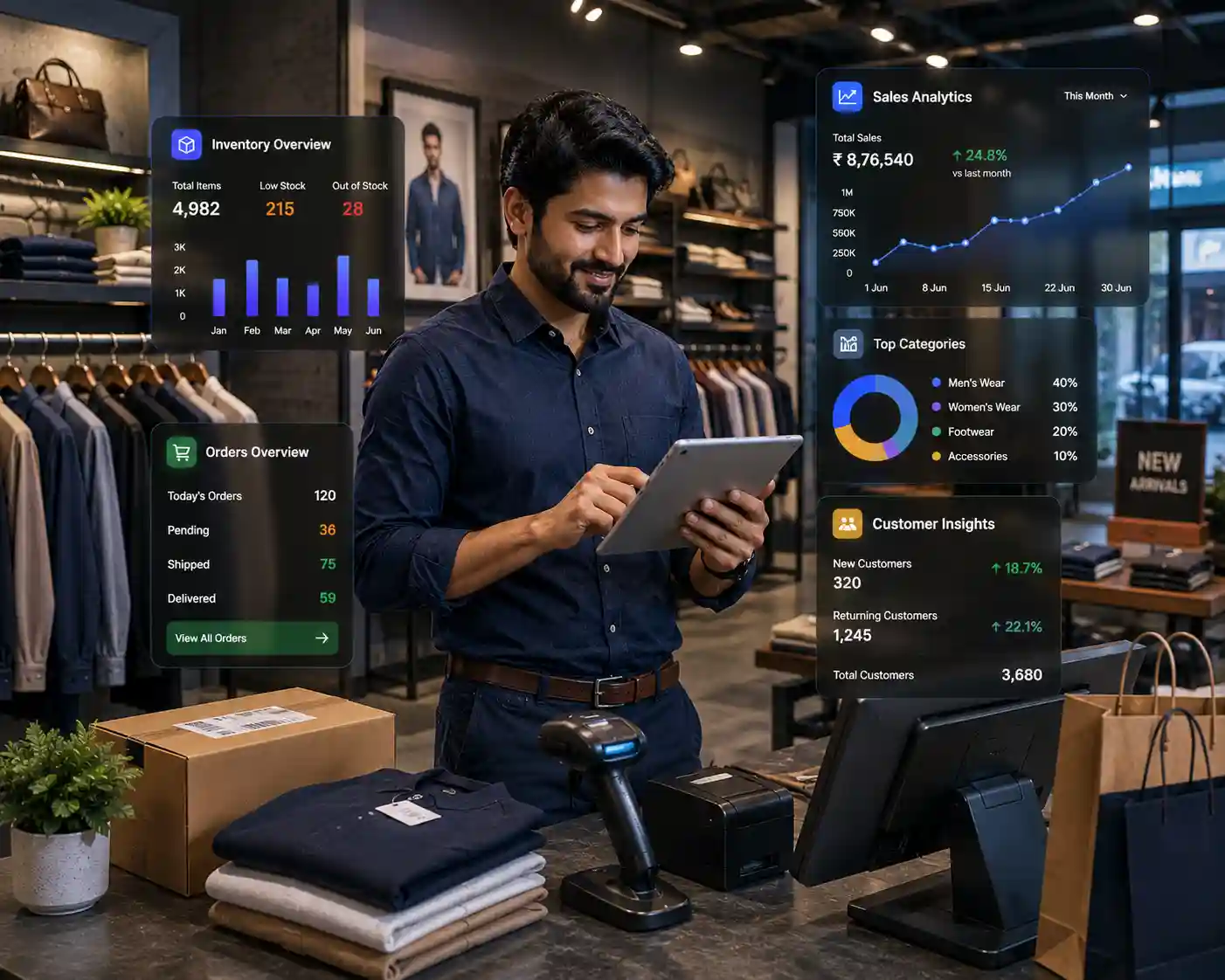 Retail and ecommerce ERP dashboard for inventory orders POS warehouse finance and reporting