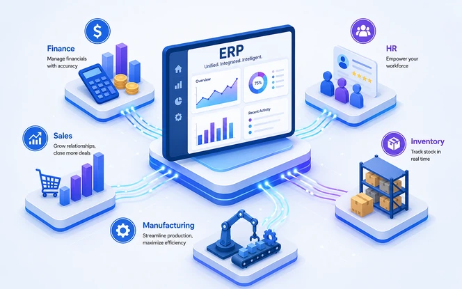 ERP software dashboard connecting finance inventory HR sales procurement and production