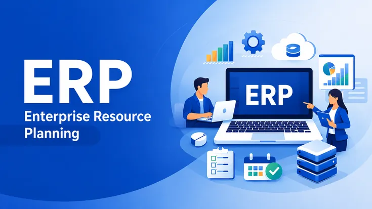 ERP enterprise resource planning software banner with laptop dashboard and business analytics visuals.