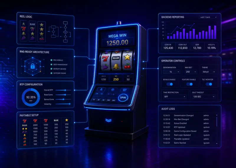 EGM Slot Machine Software Overview EGM slot machine software overview showing cabinet-ready slot logic paytables RTP dashboard and backend controls