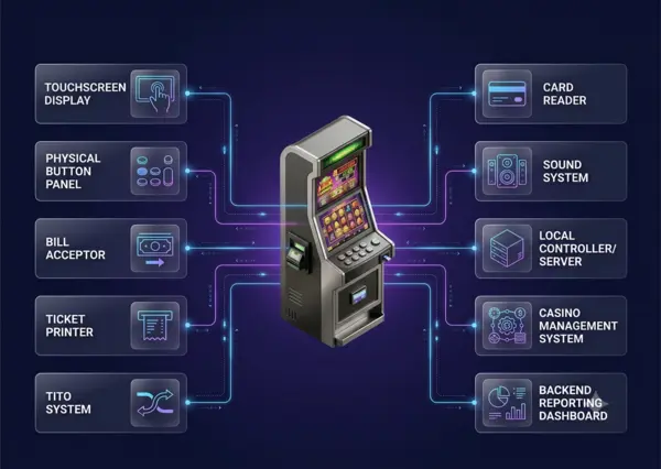 EGM Cabinet and Peripheral Integration EGM cabinet and peripheral integration interface for casino terminals touchscreen controls TITO printer and backend reporting