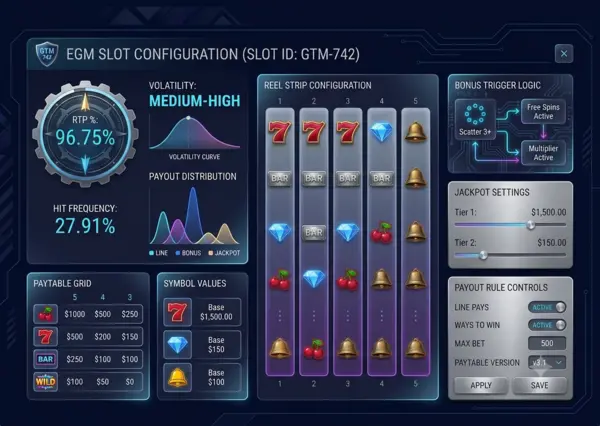 EGM Slot Math Paytable and RTP Dashboard EGM slot math paytable and RTP dashboard showing payout rules volatility settings and technical review data