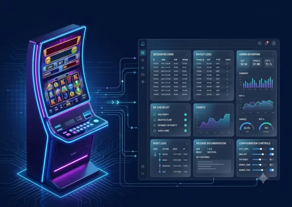 EGM Slot Machine Software Case Study EGM slot machine software case study screen with cabinet-ready slot interface paytable dashboard and reporting controls