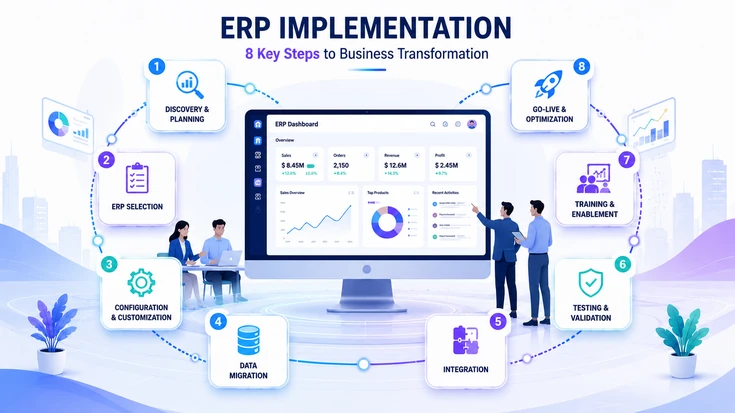 ERP implementation dashboard showing eight connected steps from discovery and planning to go-live optimization.