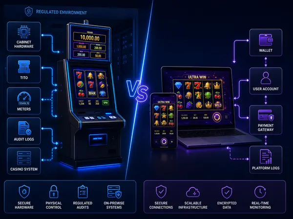 Comparison of electronic gaming machine cabinet and online slot game showing hardware, payments, records, and compliance differences