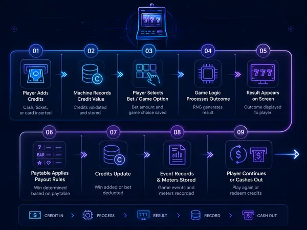 Electronic gaming machine workflow showing credits game logic outcome payout records and cashout process