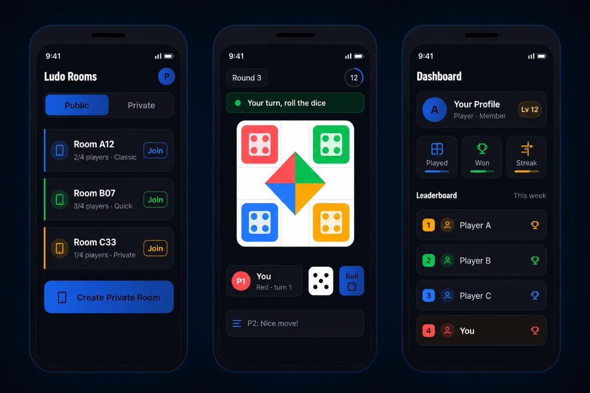 Ludo app screens showing the room lobby, live match, and player dashboard