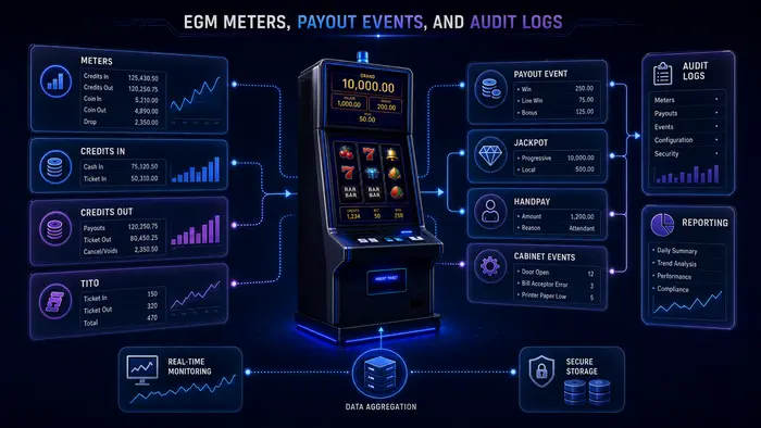 EGM Meters, Payout Events, and Audit Logs EGM accounting meters, payout events, and audit logs showing how machine activity is recorded and reported