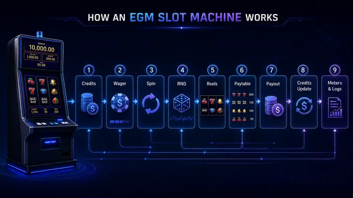 EGM Slot Machine Spin Workflow EGM slot machine spin workflow showing credits, wager, RNG outcome, reel display, paytable check, payout, and record updates