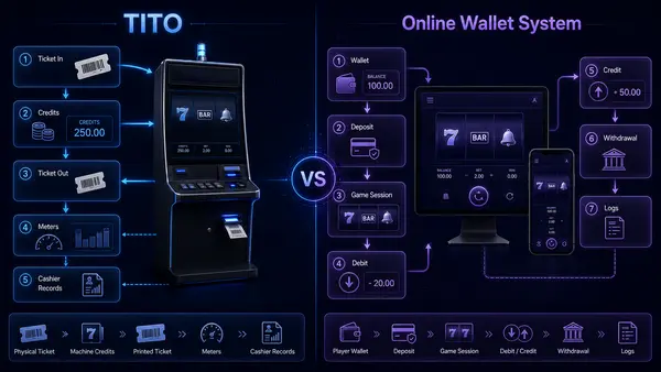 TITO vs Online Wallet System Comparison TITO ticket system in EGMs compared with online wallet system showing value flow, cashout, records, and reconciliation differences