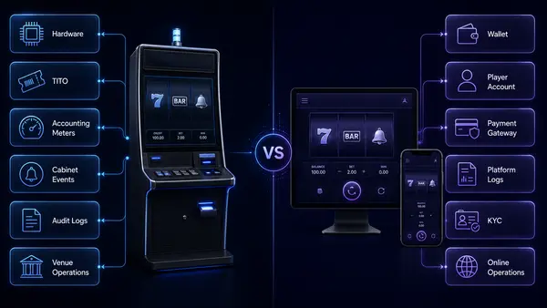 EGM vs Online Slot Game Operator Comparison EGM slot machine and online slot game comparison for casino operators showing cabinet, venue, wallet, platform, and compliance differences